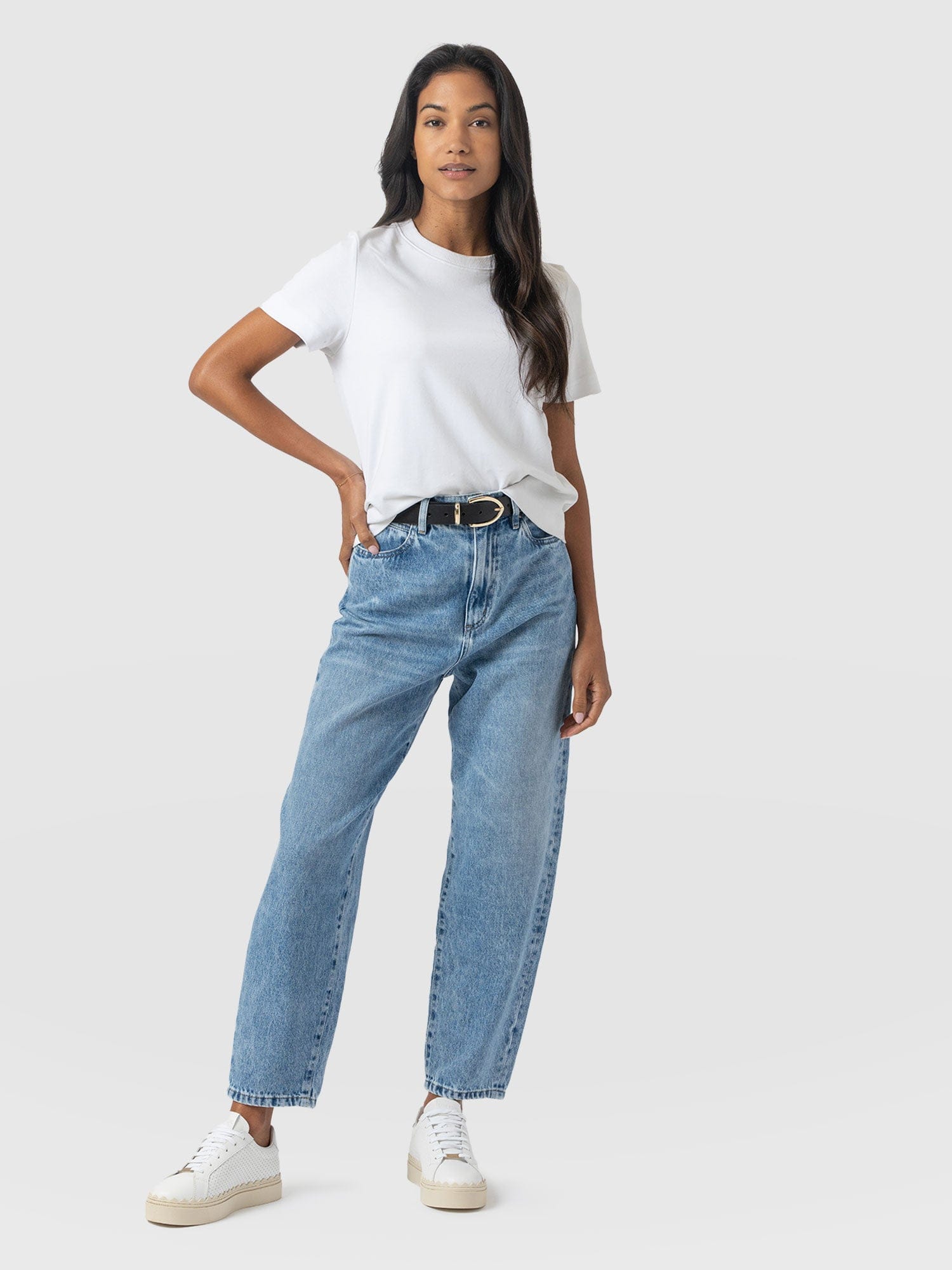 Barrel Leg Jean - Mid Blue - Women's Denims | Saint + Sofia® USA
